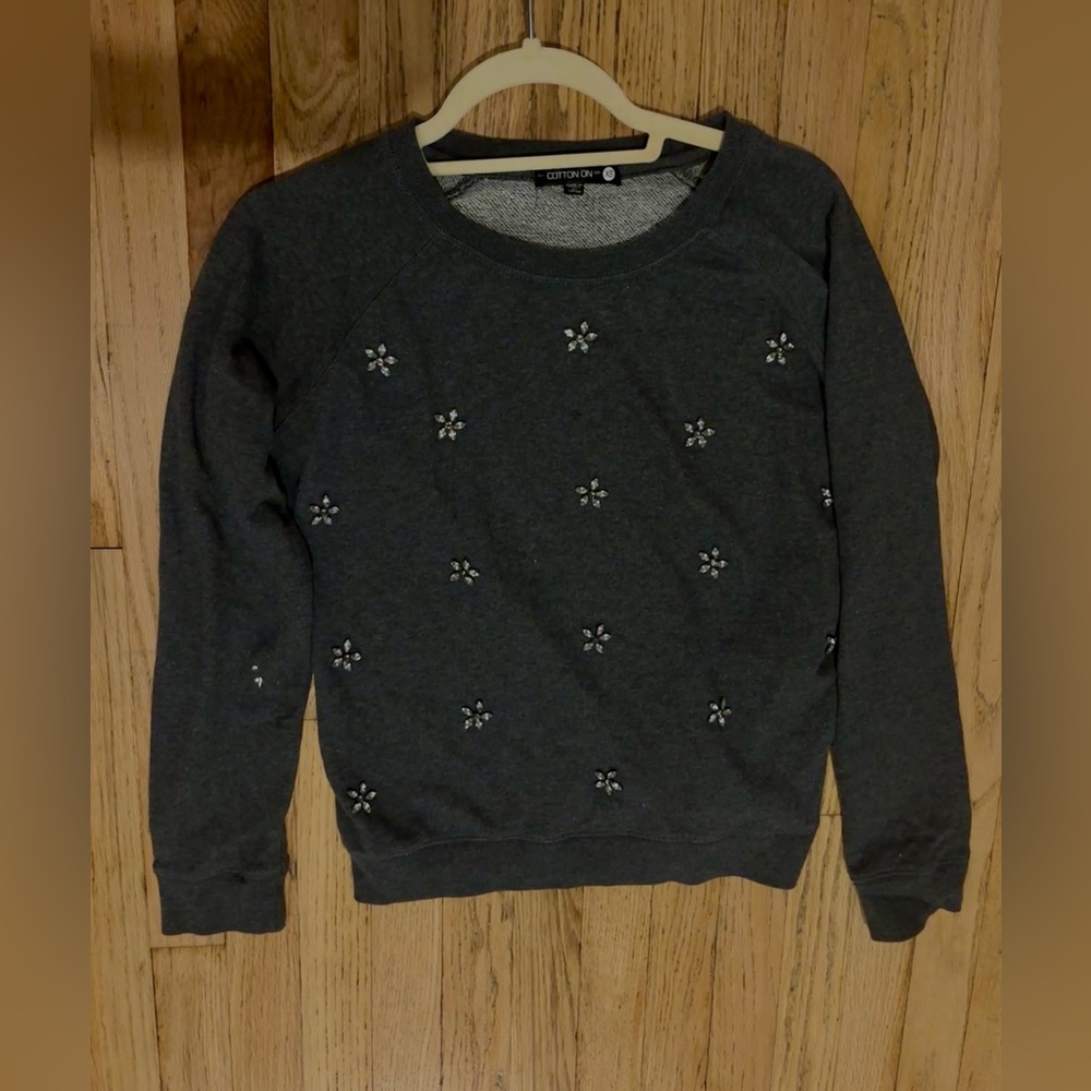 Cotton On Gray Crewneck Sweater with Bedazzled Flowers - XS
